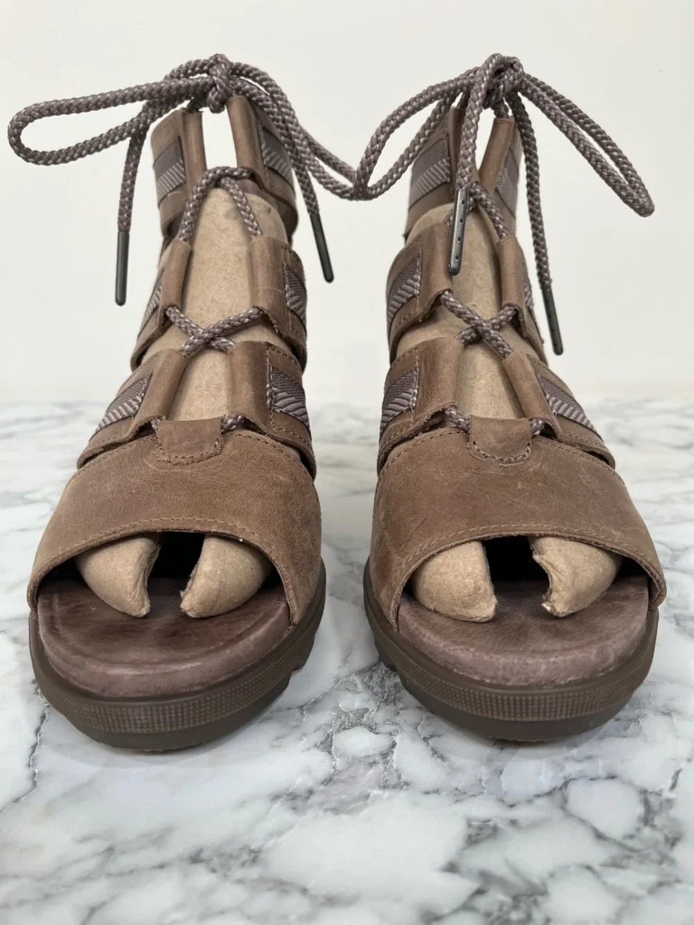 Sorel Joanie II Lace Up Wedge Leather Sandals In Ash Brown Taupe Tan Size 9
